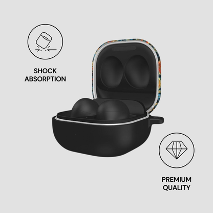 Black earbuds in a colorful case with 'Shock Absorption' and 'Premium Quality' icons on a light gray background.