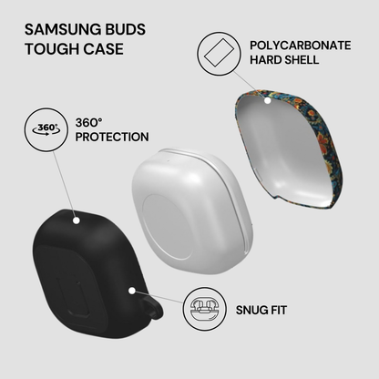 Samsung Buds Tough Case with features highlighted on a light gray background