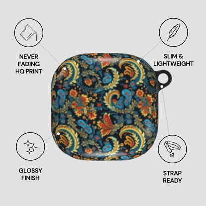 Paisley patterned case with features listed on a gray background