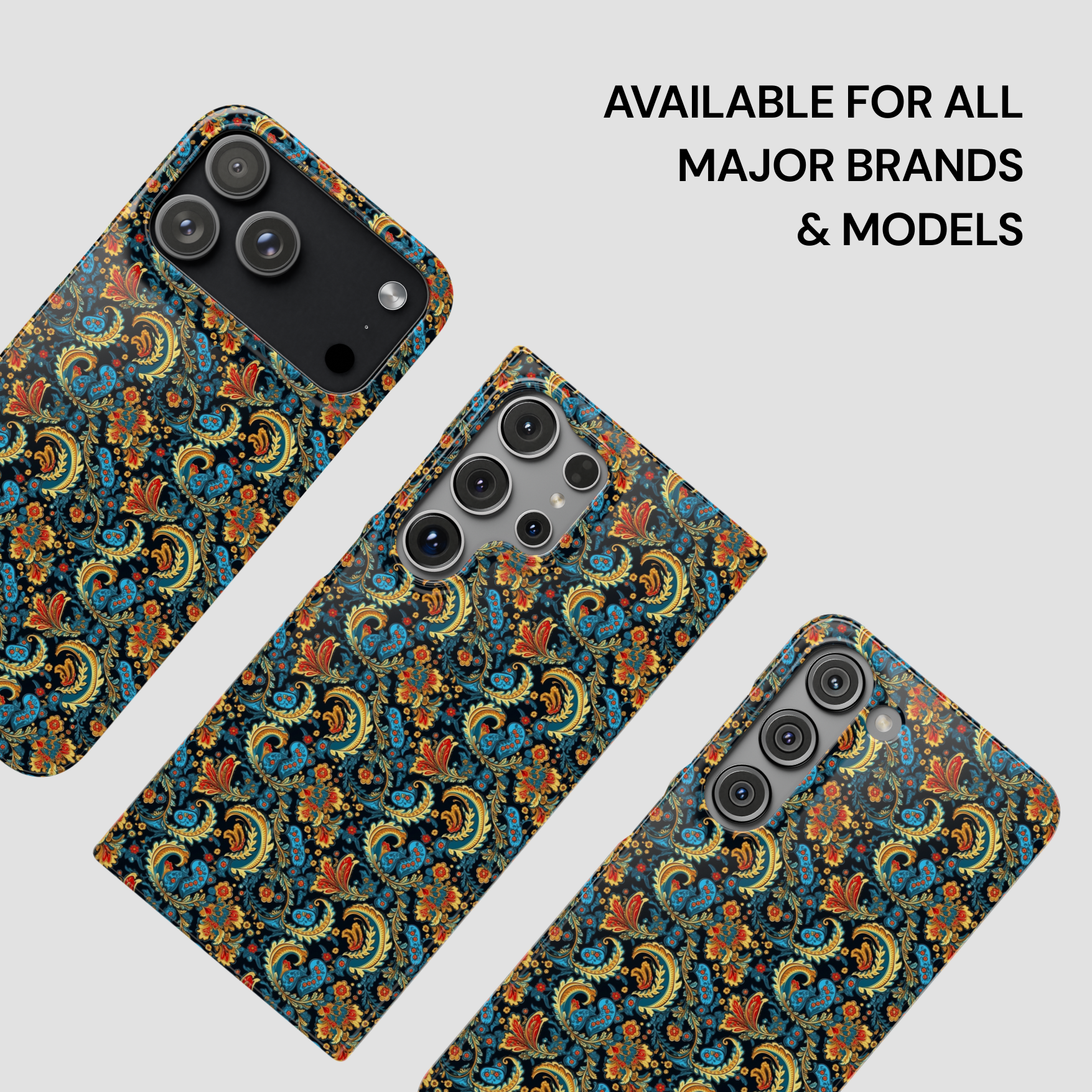 Three phone cases with a floral pattern on a white background, with text indicating availability for all major brands and models.