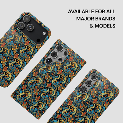 Three phone cases with a floral pattern on a white background, with text indicating availability for all major brands and models.