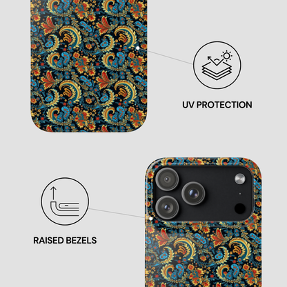 Phone case with floral pattern, UV protection, and raised bezels on a light gray background