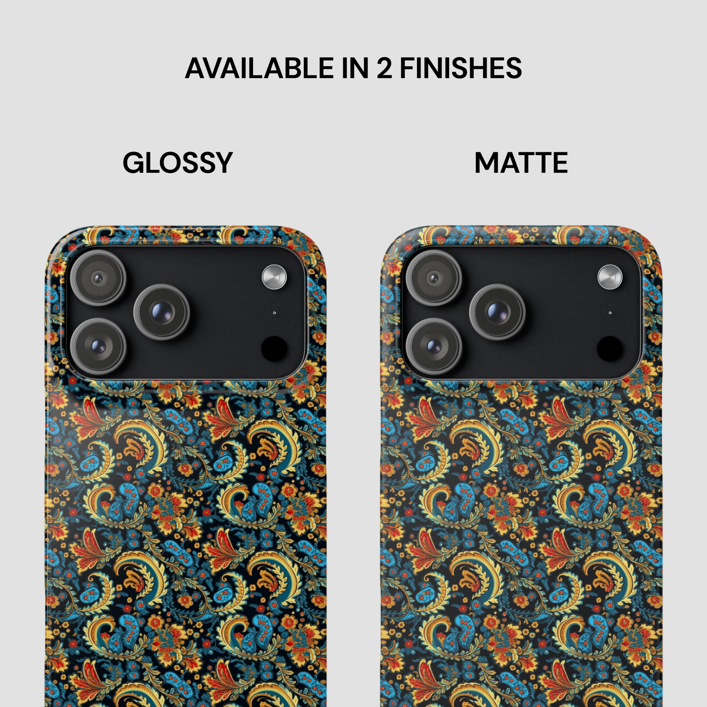 Two phone cases with a floral pattern, one glossy and one matte, on a white background.