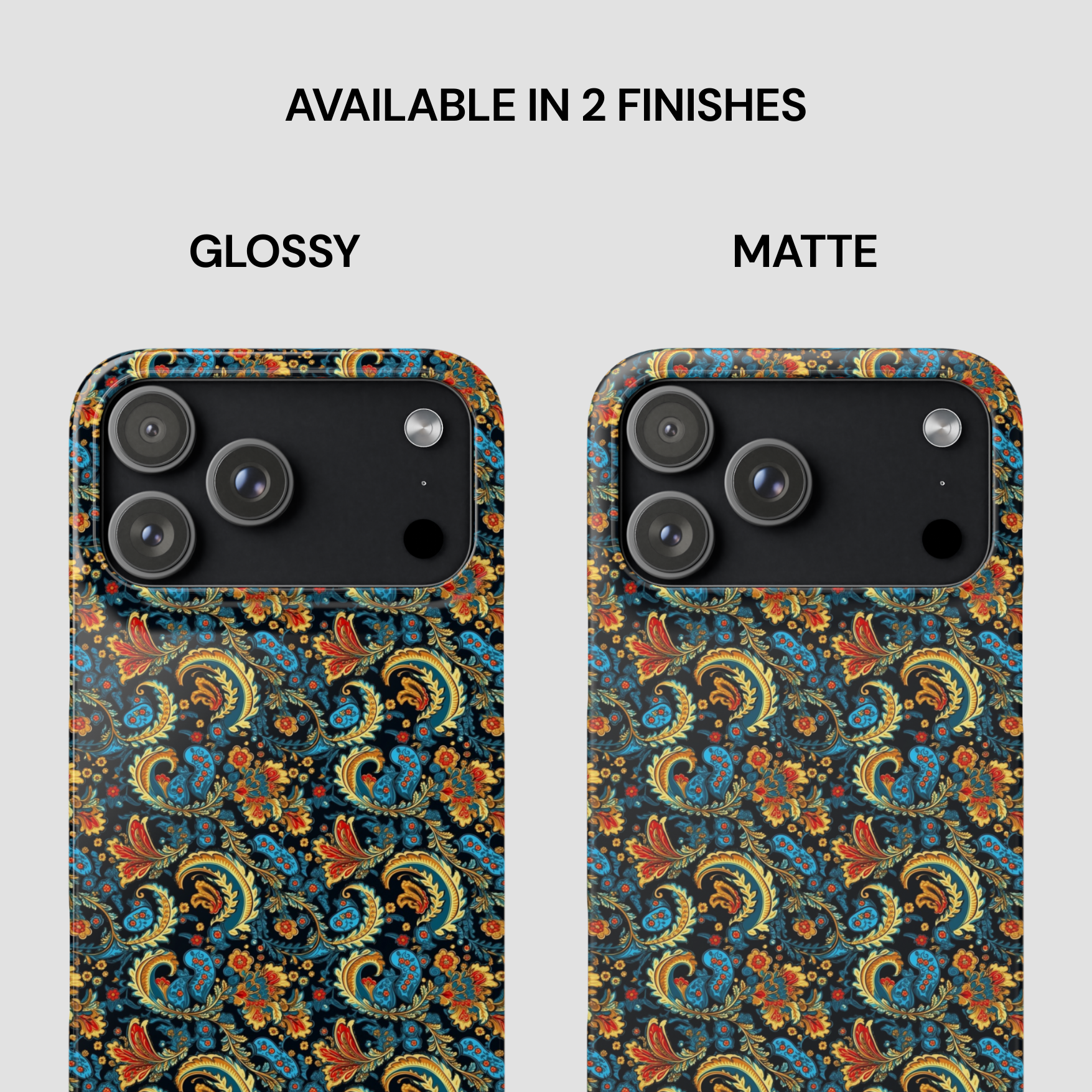 Two phone cases with a floral pattern, one glossy and one matte, on a white background.
