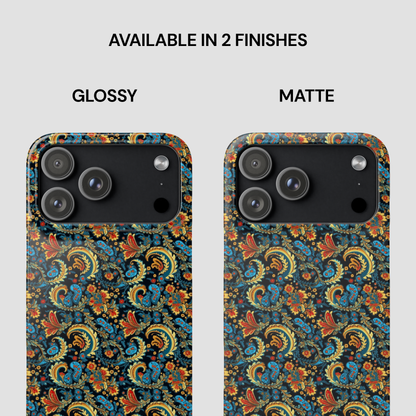 Two phone cases with a floral pattern, one glossy and one matte, on a white background.
