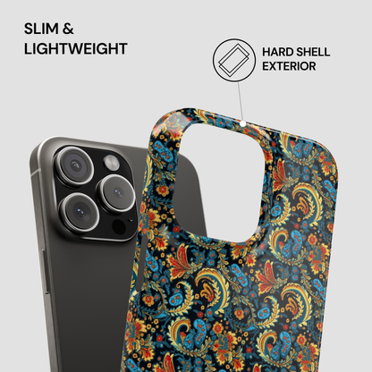 Phone case with colorful paisley pattern next to an iPhone, highlighting 'slim & lightweight' and 'hard shell exterior' features.