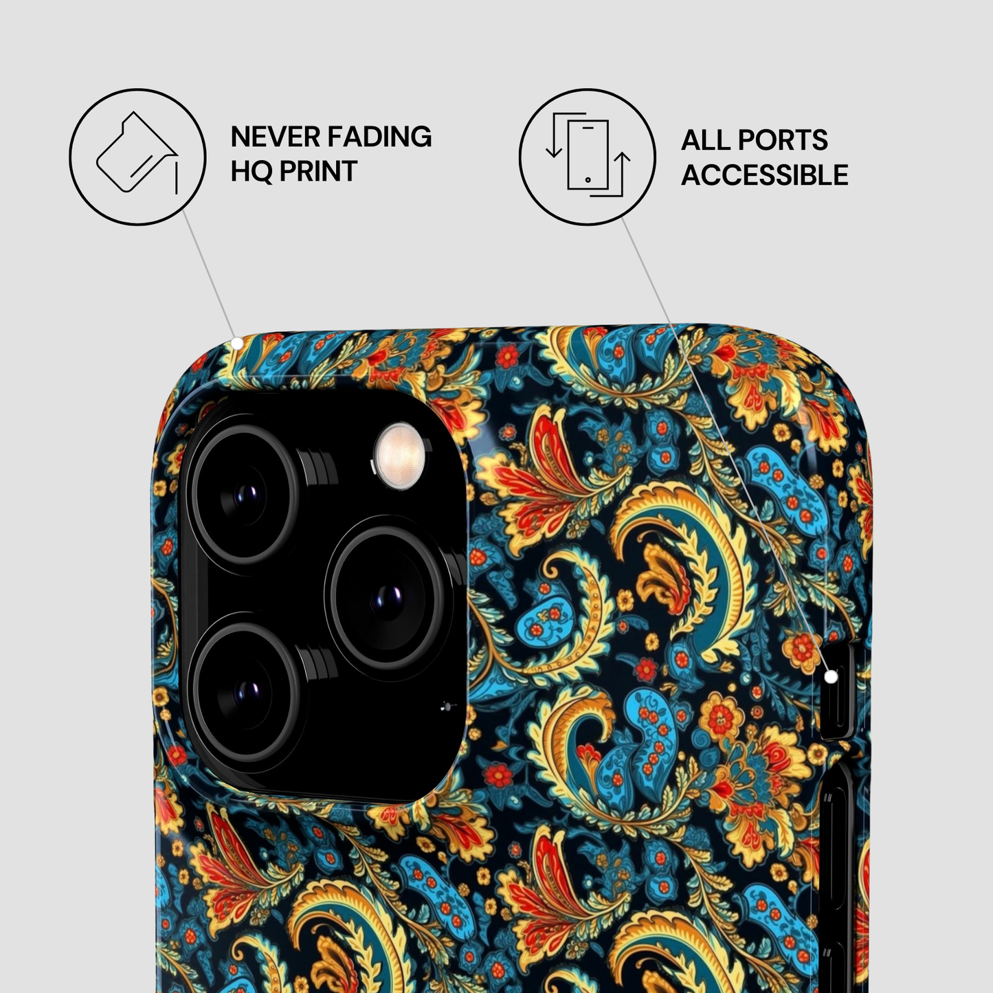 Phone case with floral pattern and text about features on a light gray background