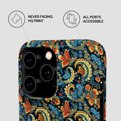 Phone case with floral pattern and text about features on a light gray background