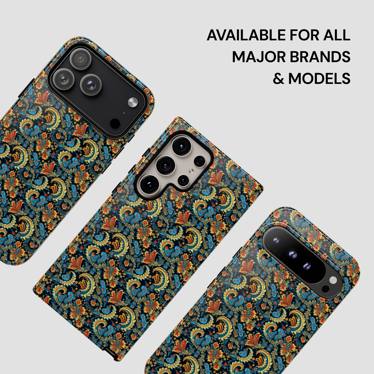 Patterned phone case on a white background with text 'Available for all major brands & models'.