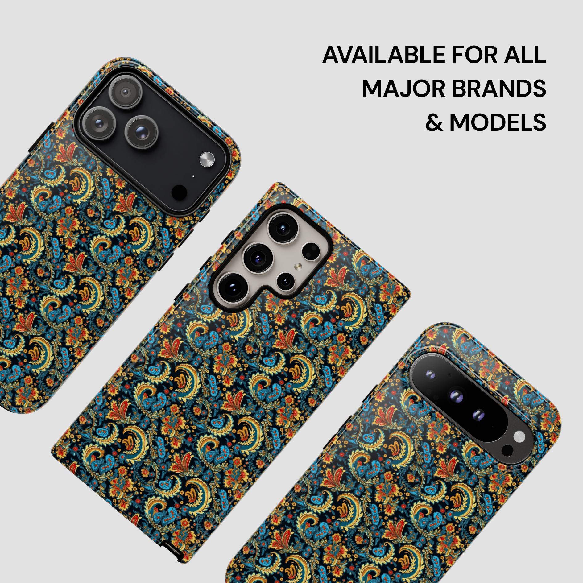 Patterned phone case on a white background with text 'Available for all major brands & models'.