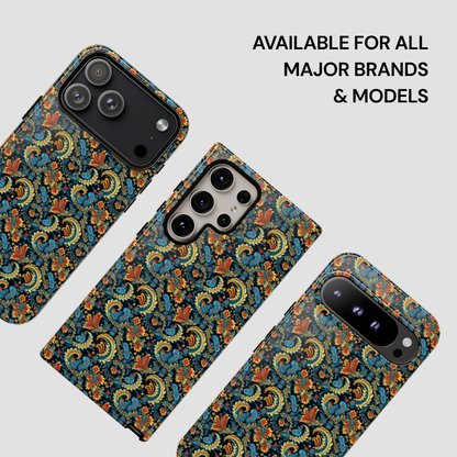 Patterned phone case on a white background with text 'Available for all major brands & models'.