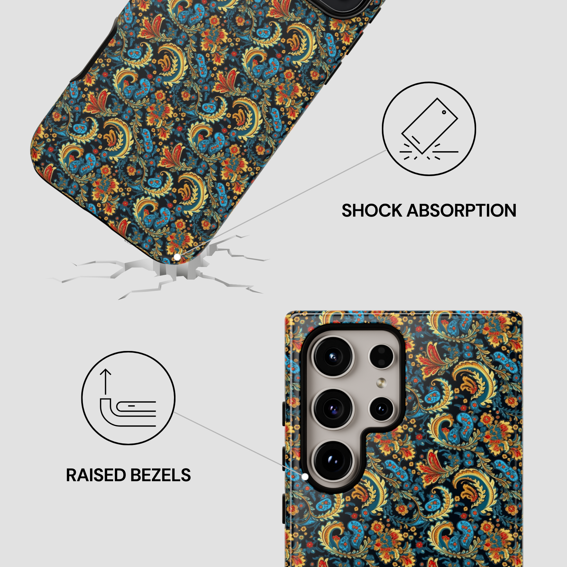 Phone case with paisley pattern and shock absorption features on a white background