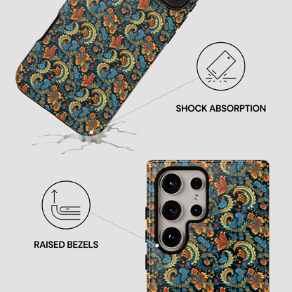 Phone case with paisley pattern and shock absorption features on a white background