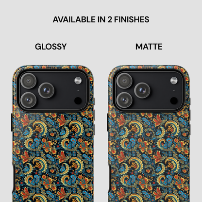 Two phone case designs, one glossy and one matte, with a floral pattern on a white background.