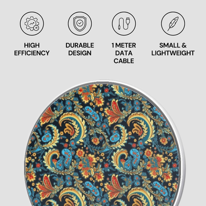 Decorative round mat with paisley pattern on a light gray background, featuring icons and text about product features.