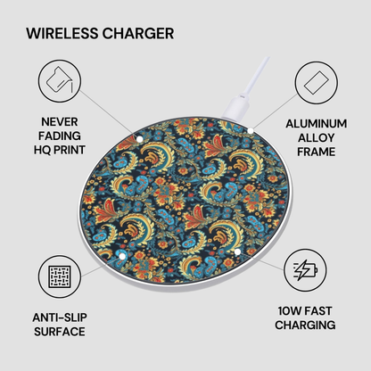 Wireless charger with floral design on a gray background, featuring text about its features.