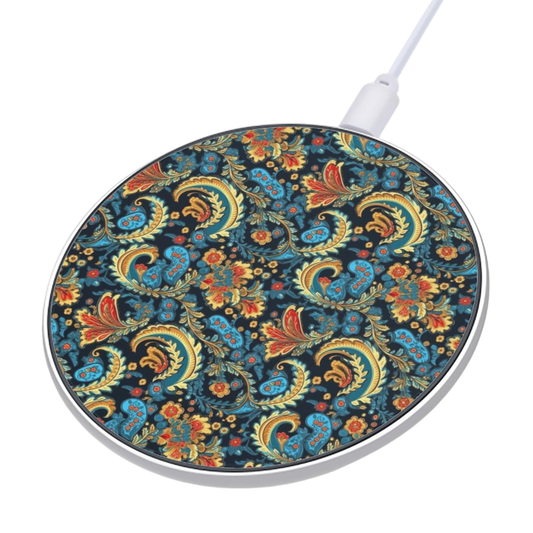 Round wireless charging pad with floral paisley pattern on a white background