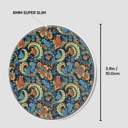 Round decorative item with paisley pattern and measurement details on a gray background