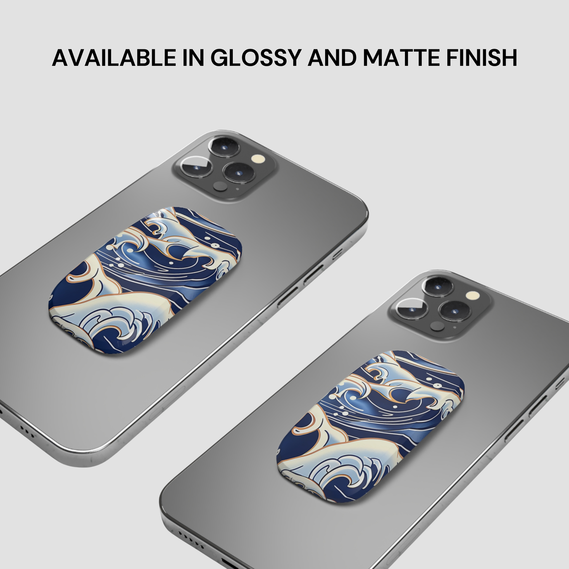 Two phone cases with wave design on a gray background, text indicating finish options | Casenari