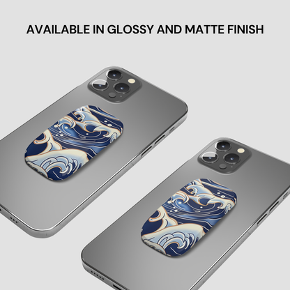 Two phone cases with wave design on a gray background, text indicating finish options | Casenari