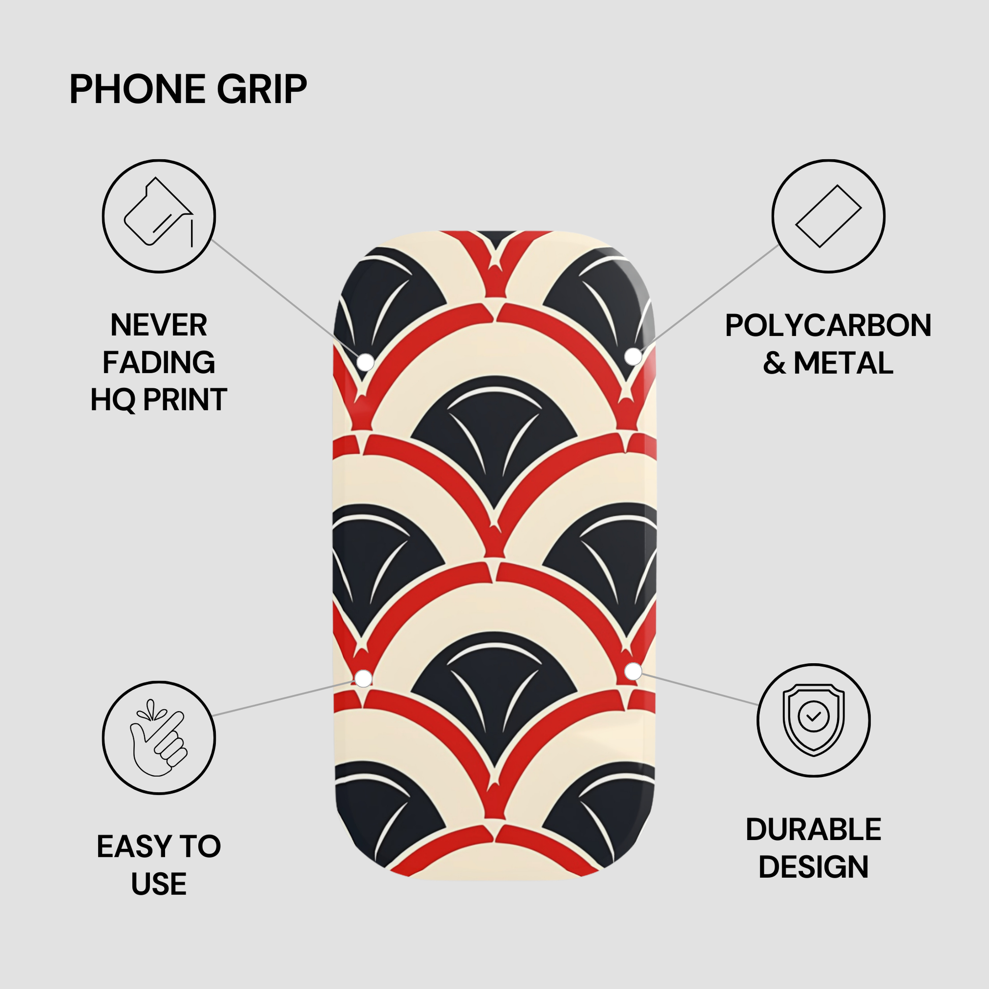 Phone grip with geometric pattern on a gray background, featuring text about product features.