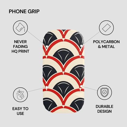 Phone grip with geometric pattern on a gray background, featuring text about product features.
