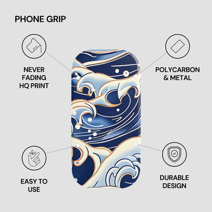 Phone grip with wave design and feature text on a gray background | Casenari