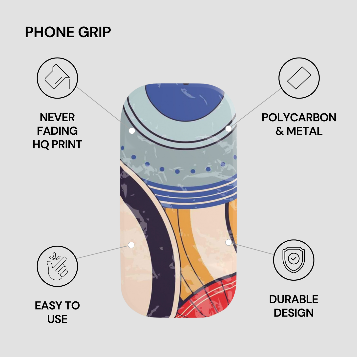 Phone grip with features listed on a light gray background