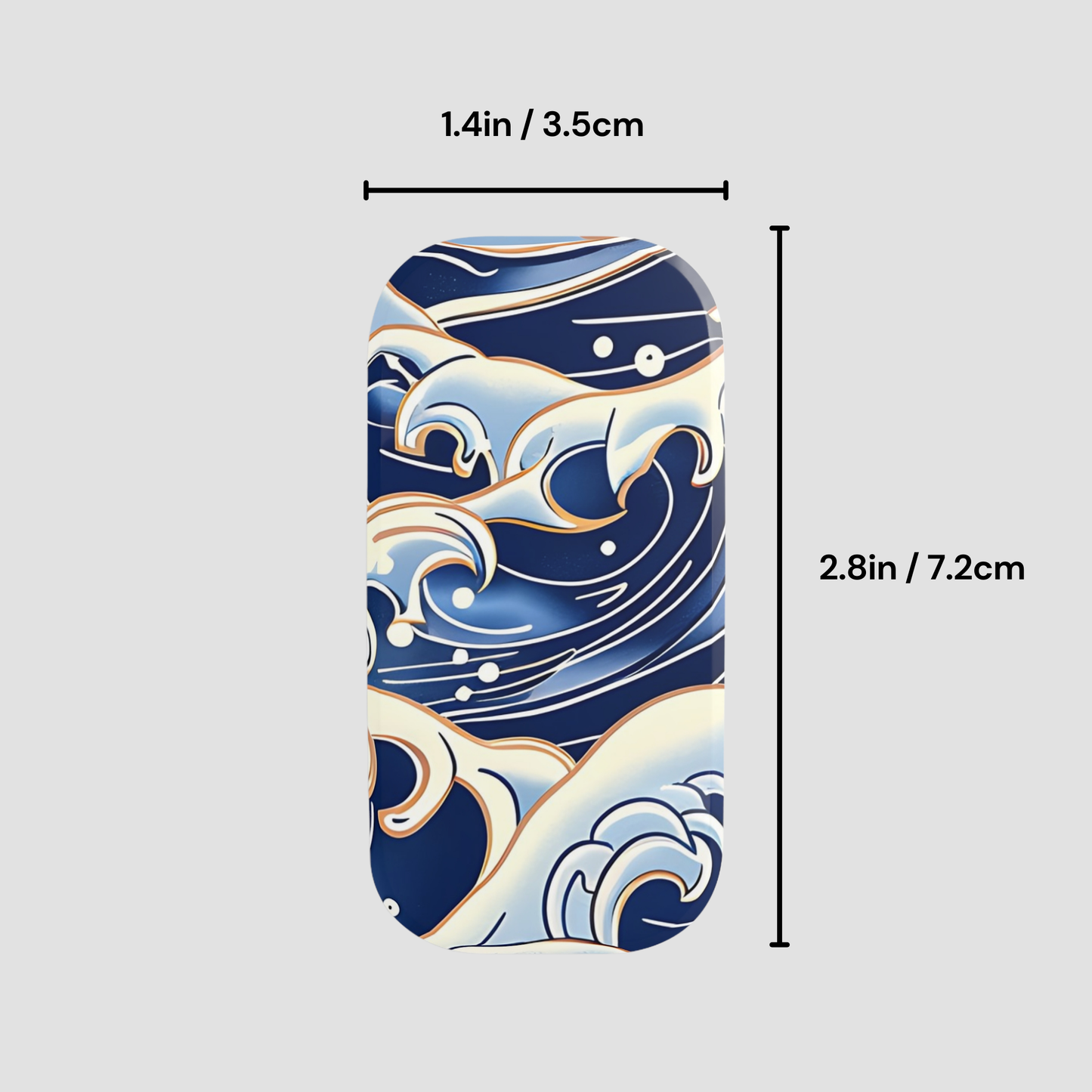Phone case with wave design and measurements on a light gray background | Casenari