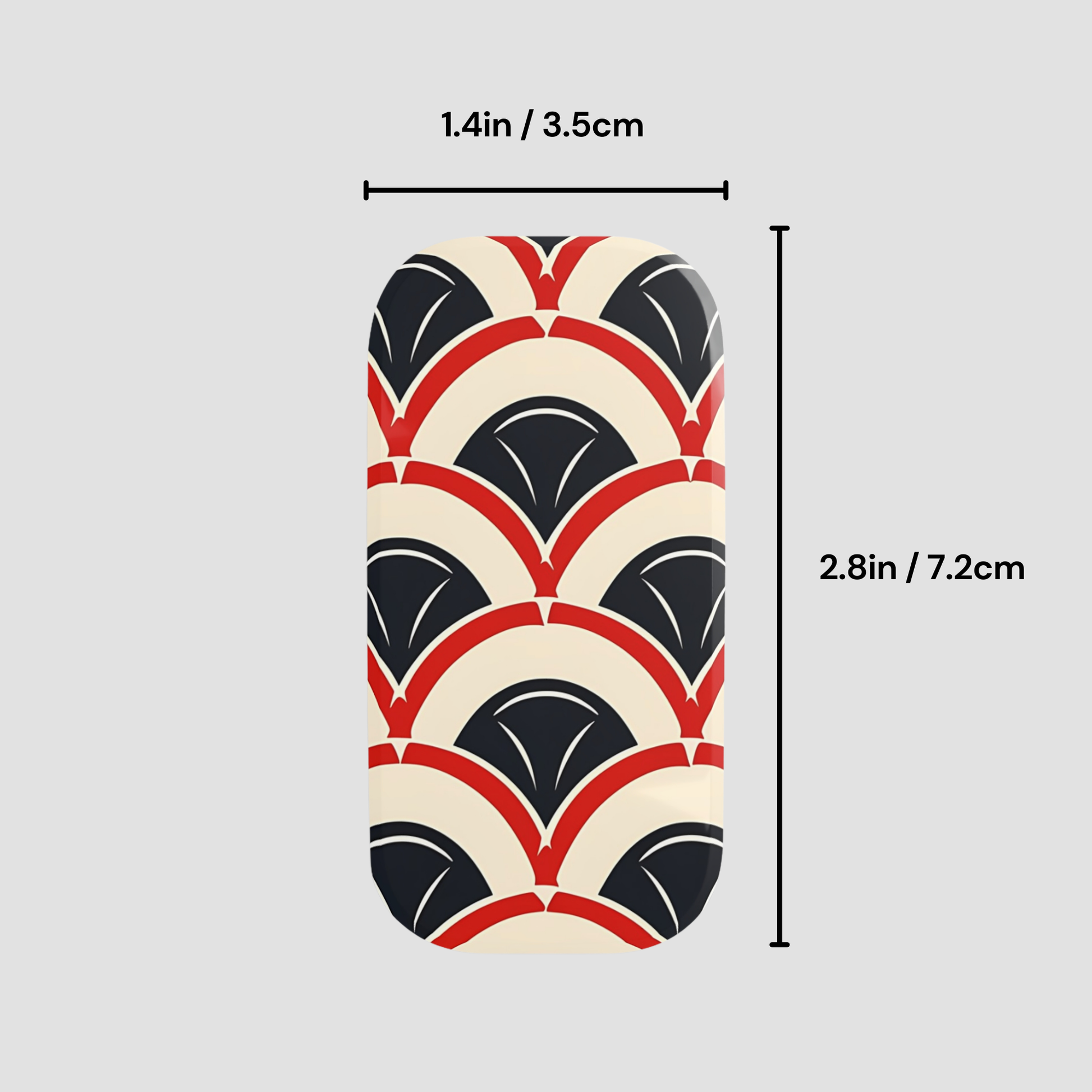 Phone case with geometric pattern and measurements on a gray background
