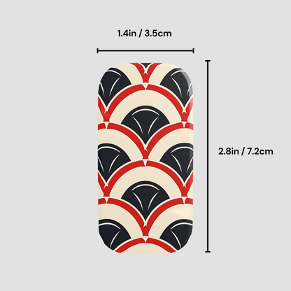 Phone case with geometric pattern and measurements on a gray background