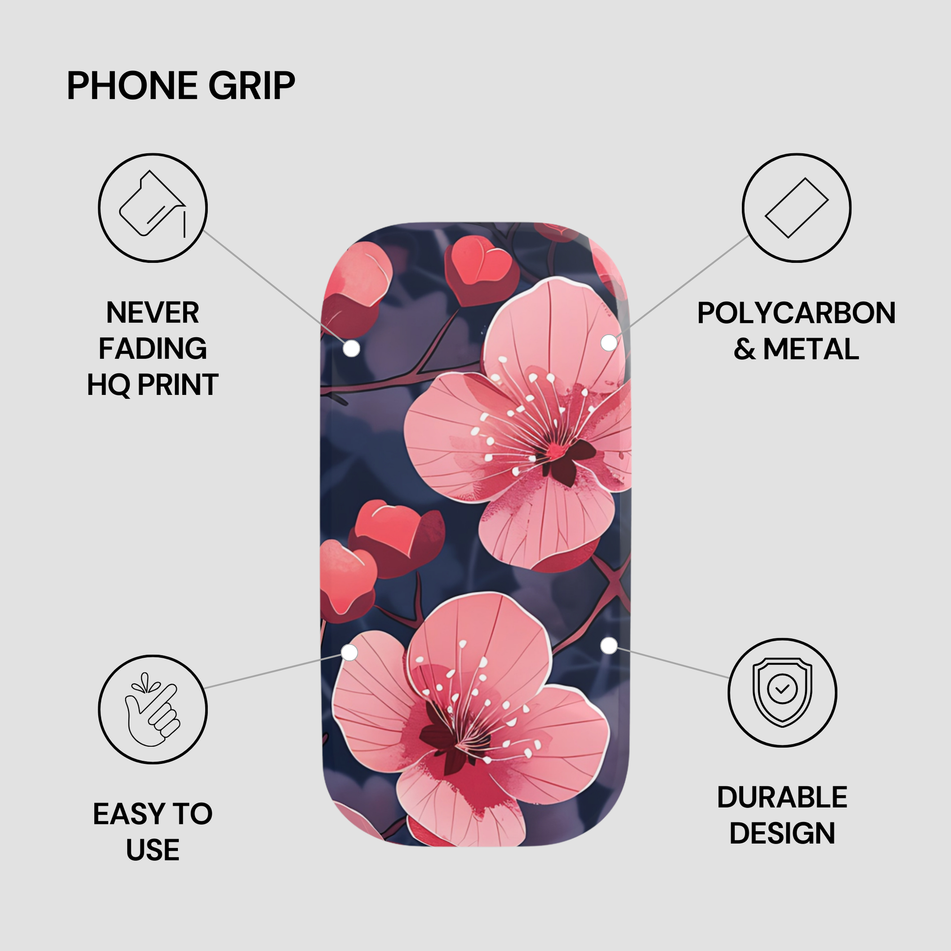 Phone grip with pink floral design on a gray background, featuring text about product features.