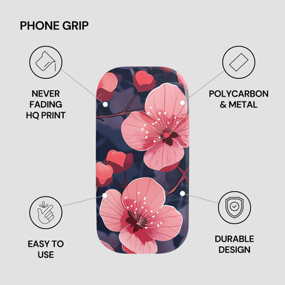 Phone grip with pink floral design on a gray background, featuring text about product features.