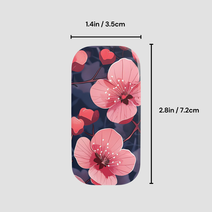 Floral design case with measurements on a light gray background