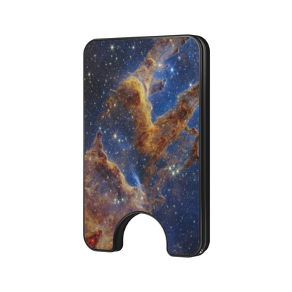 Phone case with a space-themed design featuring stars and nebulae on a white background