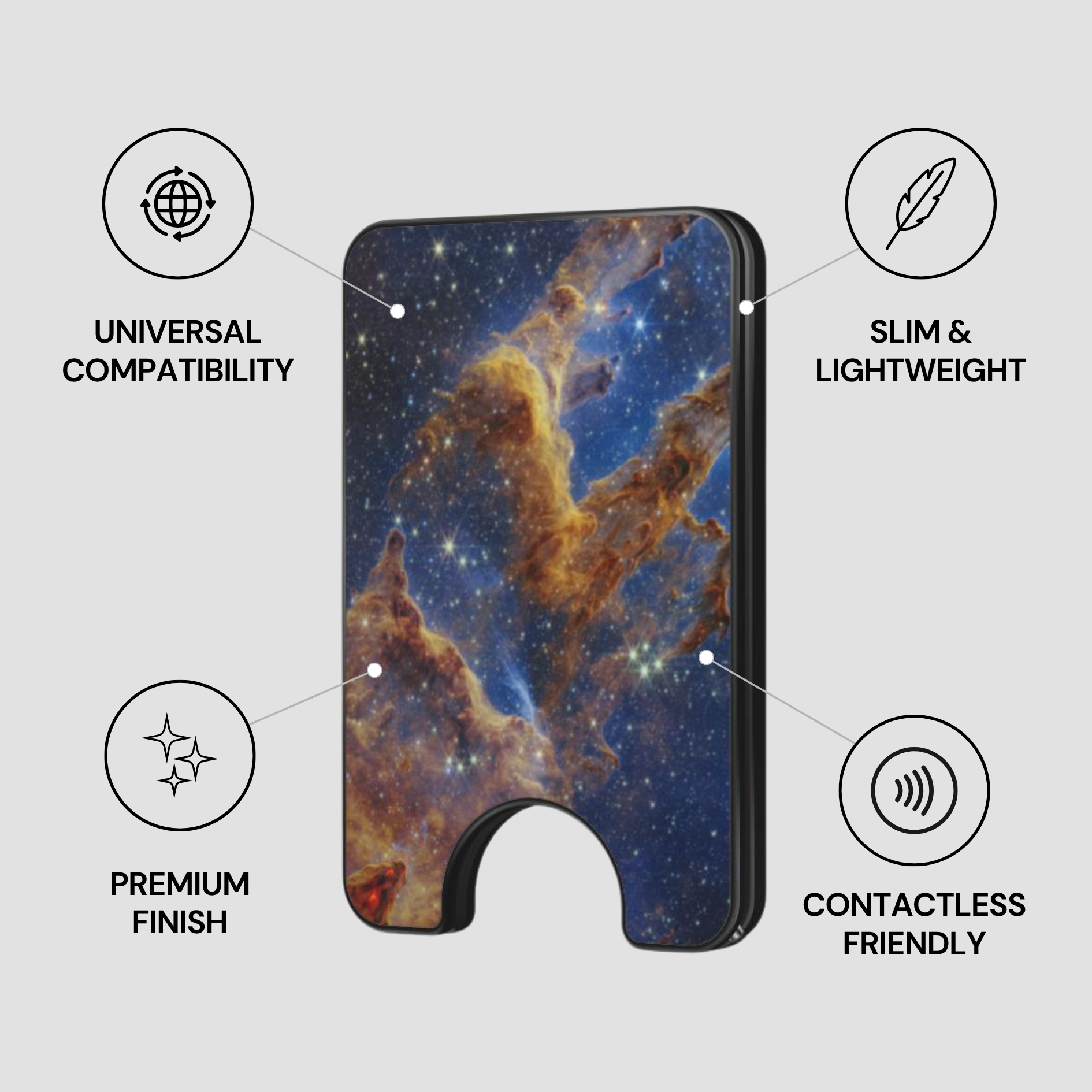 Phone case with space-themed design on a gray background with features listed.