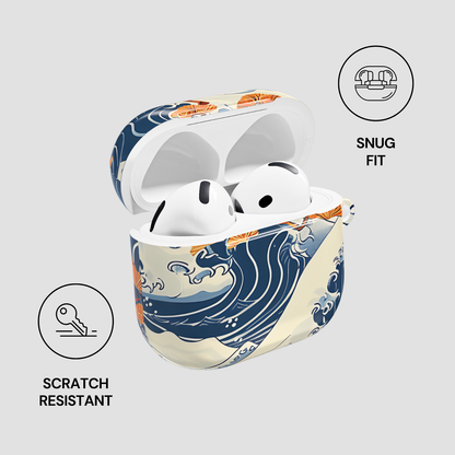 White wireless earbuds in a decorative case with wave design on a light gray background | Casenari