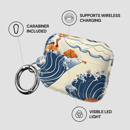 Product packaging with wave design, carabiner, wireless charging, and LED light features on a gray background.