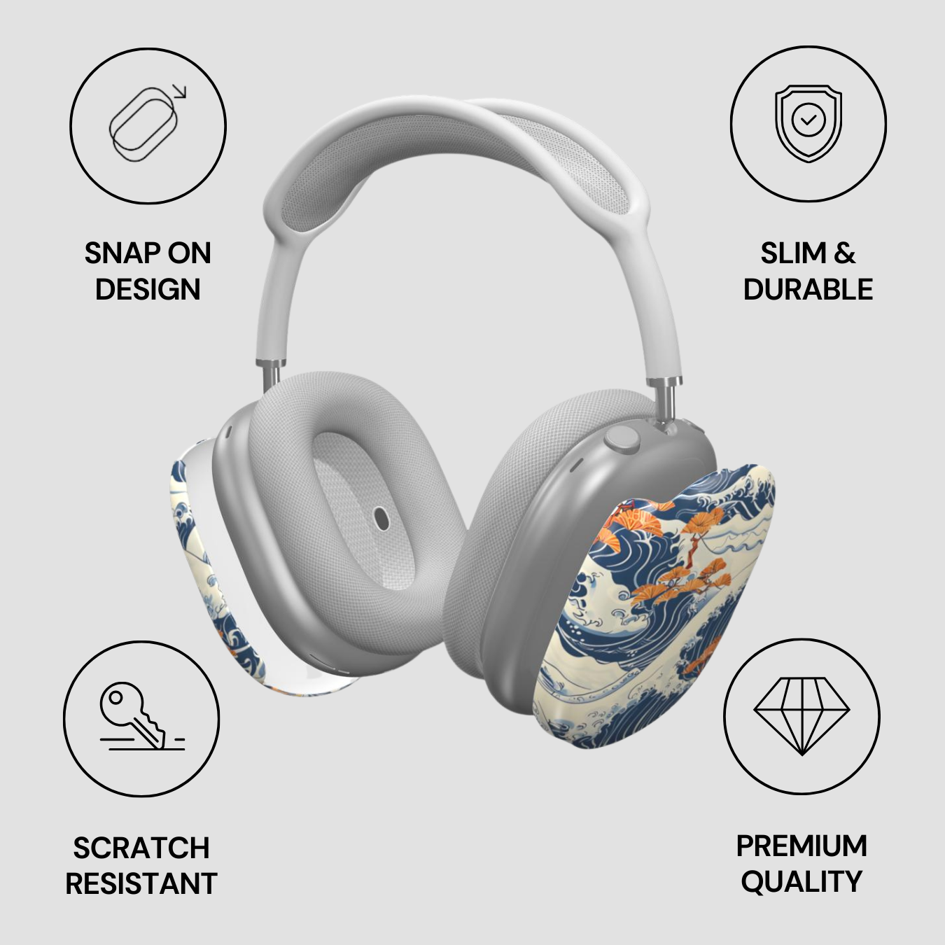 Gray headphones with decorative ear covers on a light gray background, featuring icons and text about product features.
