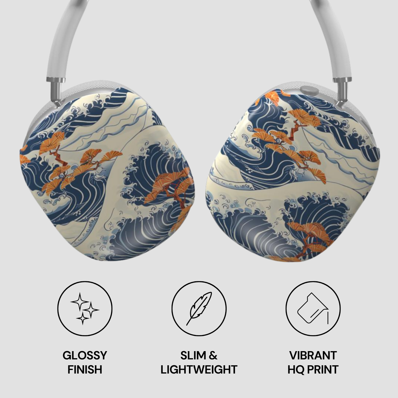 Headphone cases with wave and fish design, glossy finish, slim and lightweight, vibrant HQ print.