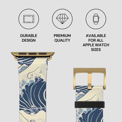 Watch band with wave design and gold buckle, featuring durability, quality, and size availability text. | Casenari