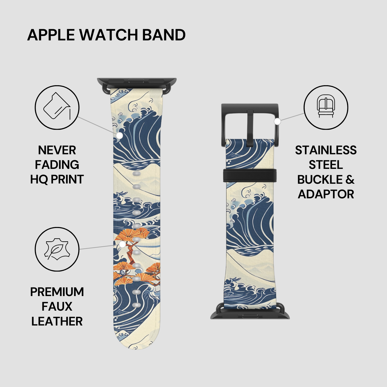Apple watch band with wave design, stainless steel buckle, and adapter on a white background | Casenari