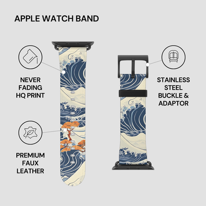 Apple watch band with wave design, stainless steel buckle, and adapter on a white background | Casenari