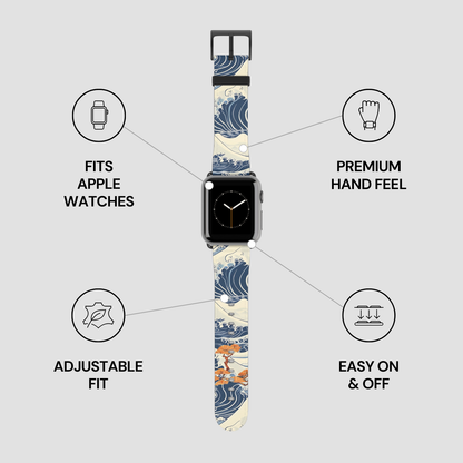 Watch band with wave design on a gray background, featuring text about compatibility and features. | Casenari