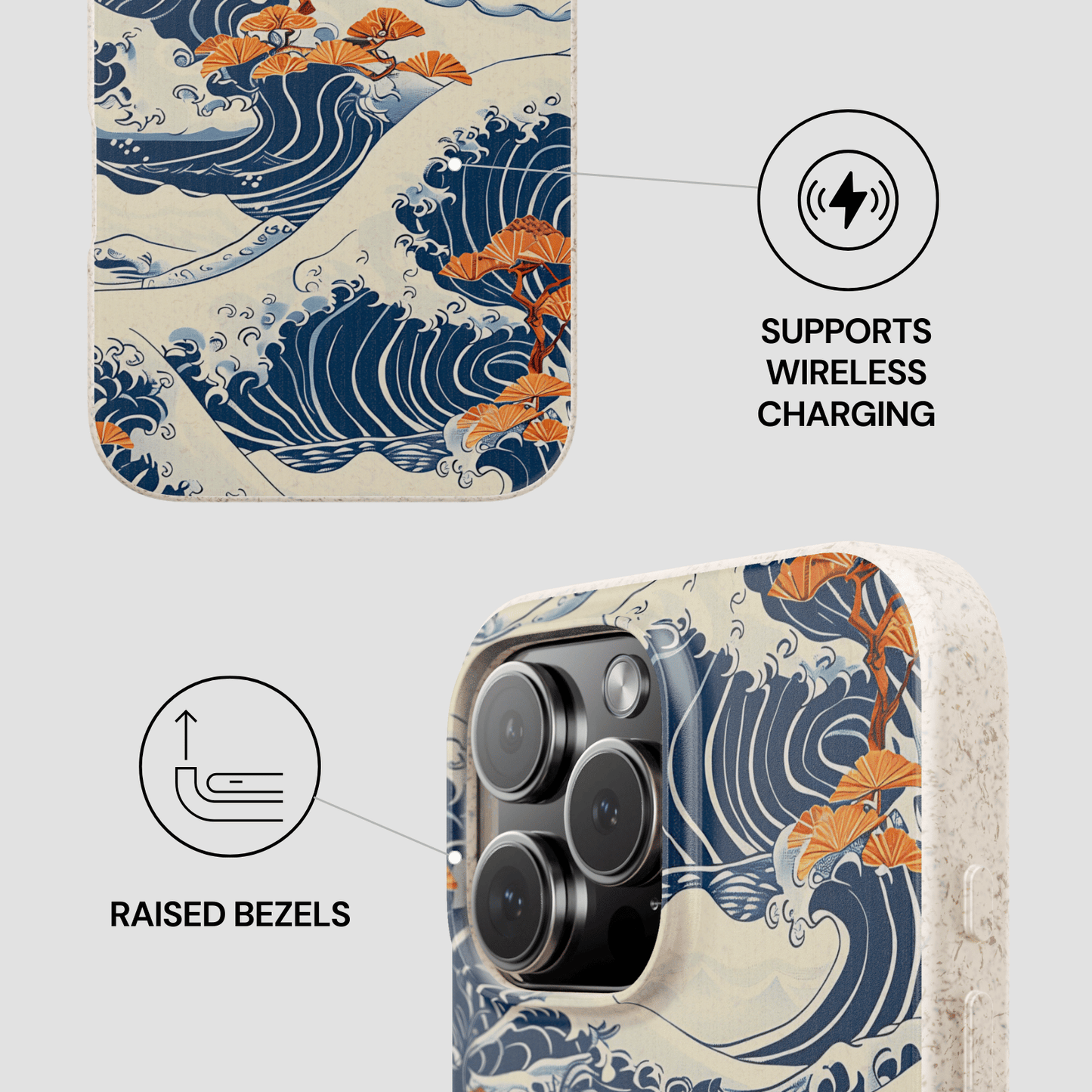 Phone case with wave and flower design, wireless charging symbol, and raised bezels text. | Casenari