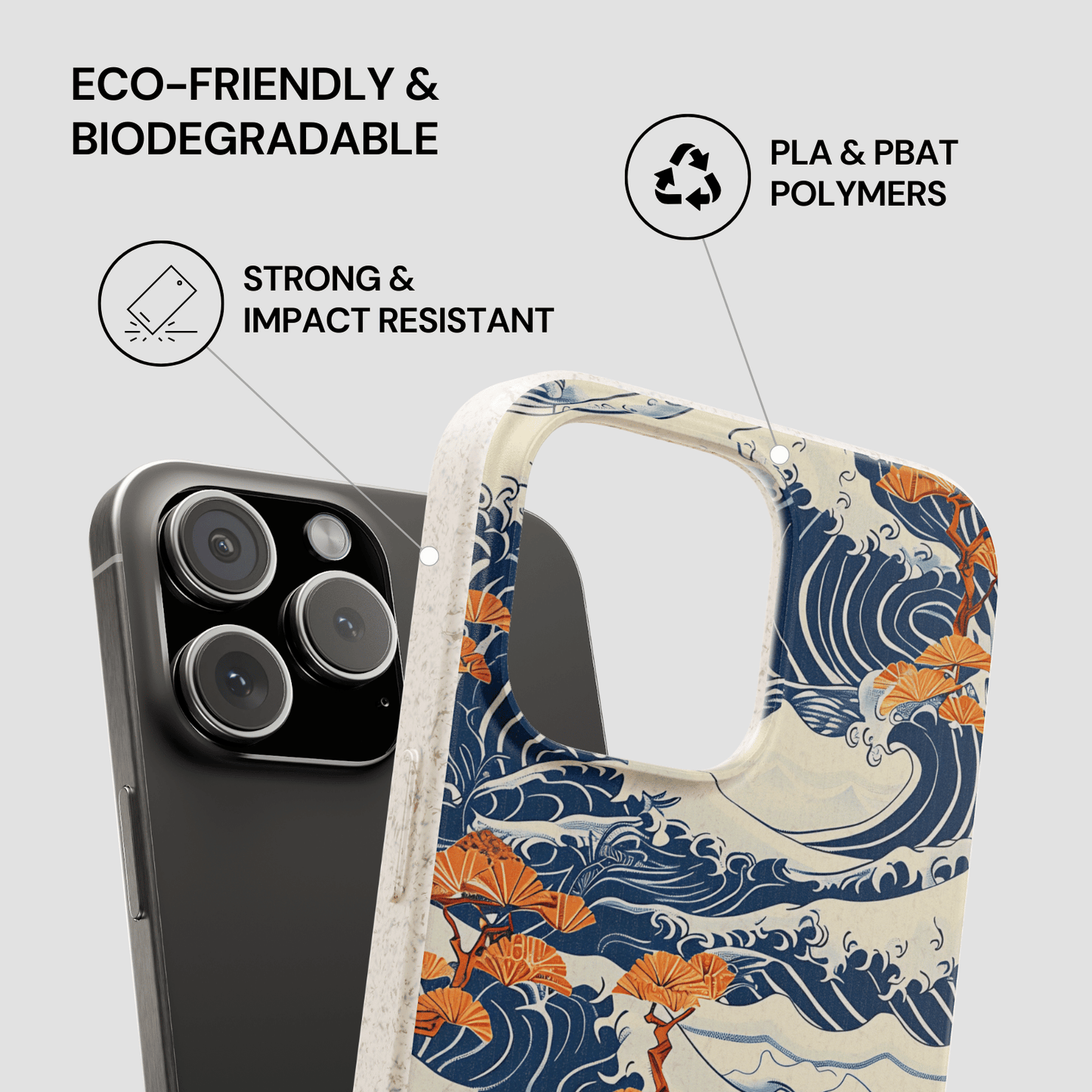 Phone case with wave design and eco-friendly features on a gray background | Casenari