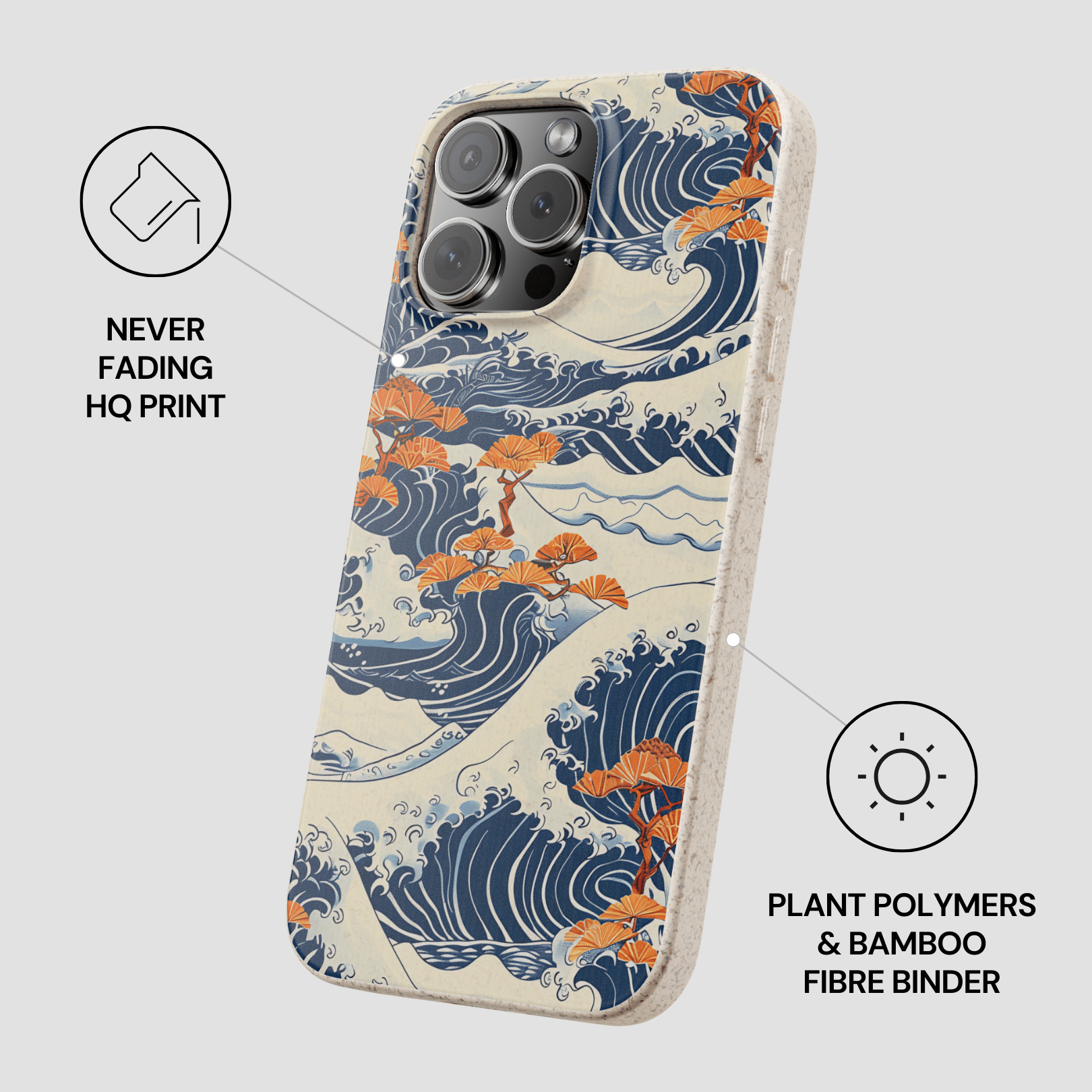 Phone case with wave and plant design, featuring plant polymers and bamboo fiber binder on a white background. | Casenari