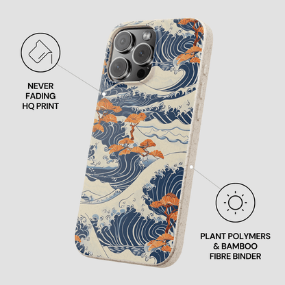 Phone case with wave and plant design, featuring plant polymers and bamboo fiber binder on a white background. | Casenari