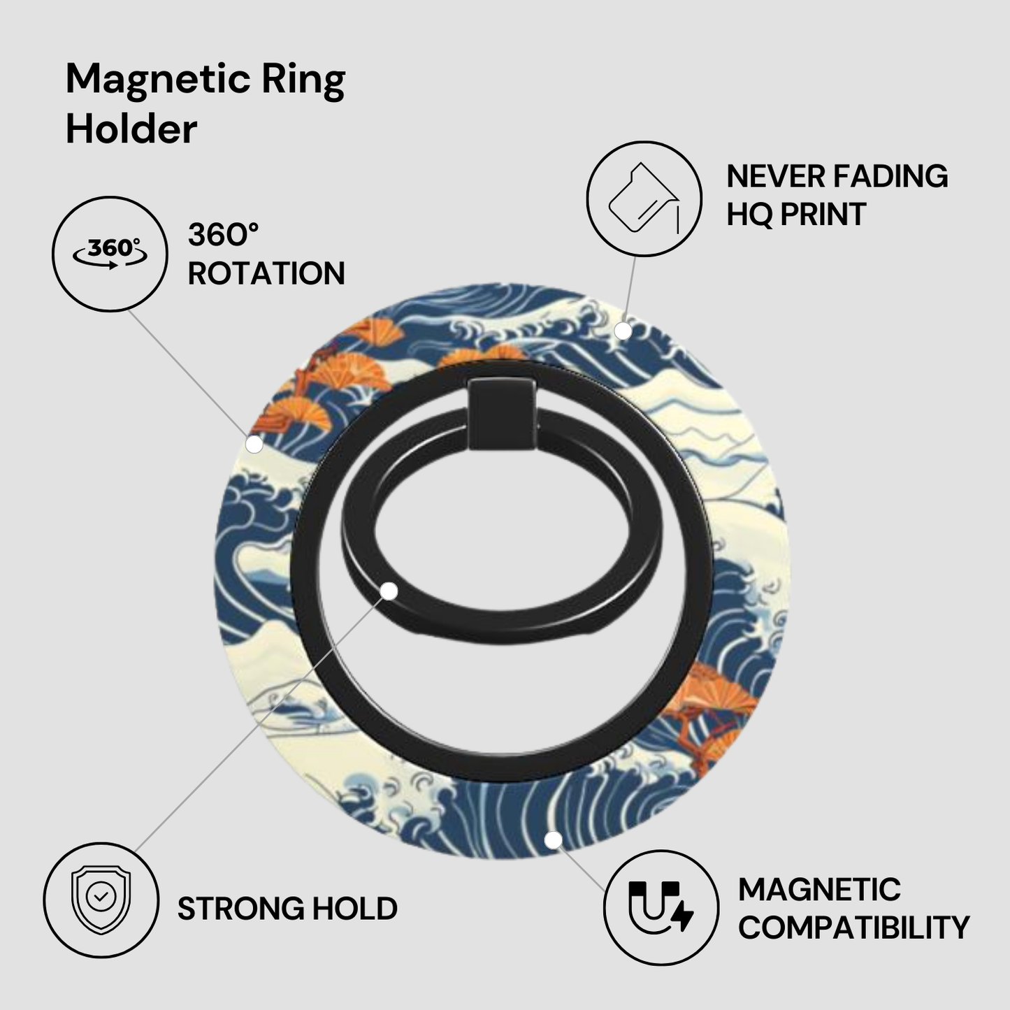 Magnetic ring holder with wave design and feature text on a light gray background