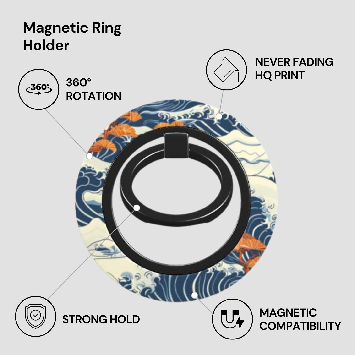 Magnetic ring holder with wave design and feature text on a light gray background